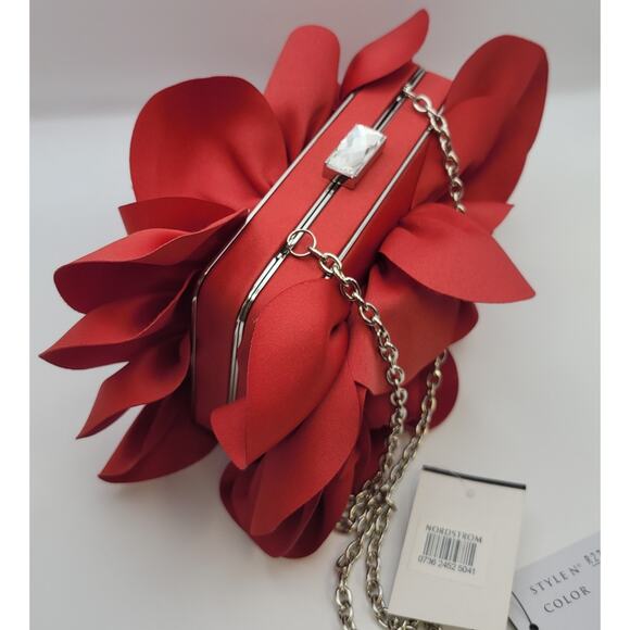 Sondra Roberts Red Evening Flower Purse/Clutch Chain Strap Rhinestone Closure - Picture 9 of 16